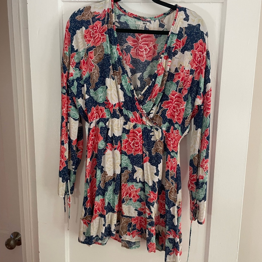 Floral Wrap-style Mini Dress in Red and Blue